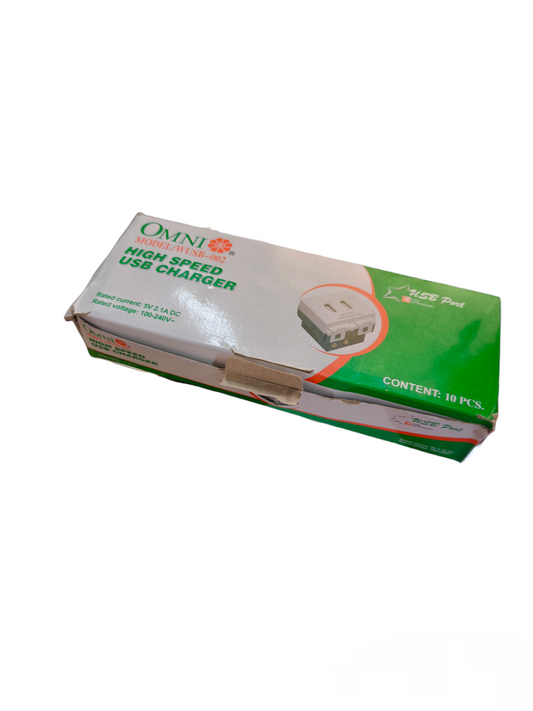 Omni USB Outlet 2 Gang 2.1A 5V WUSB-002 high speed USB charger in green and white packaging