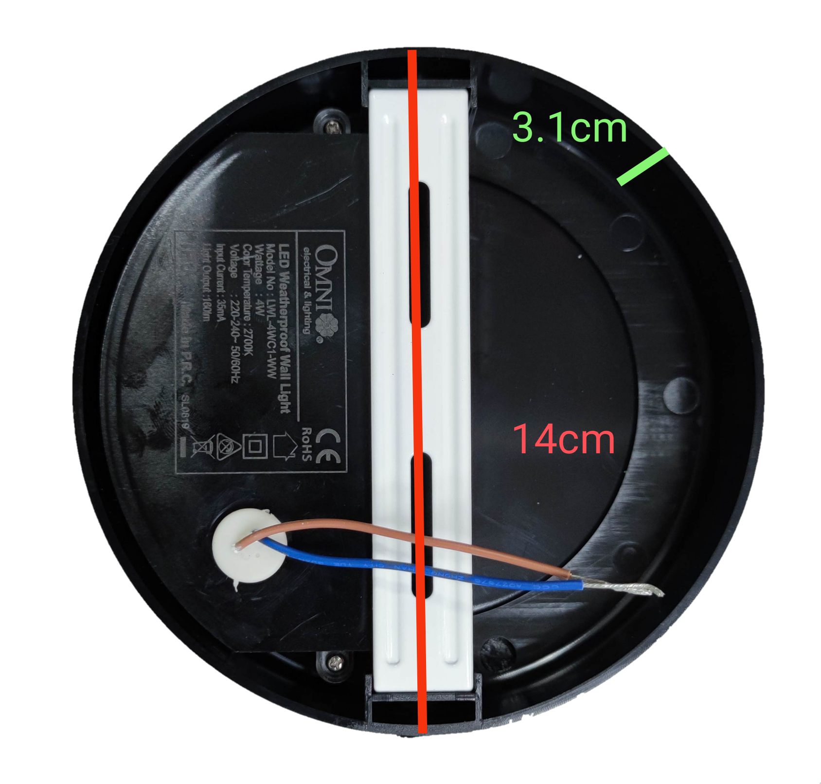 Omni warm white outdoor LED wall lamp 220V with a round black base and wiring details