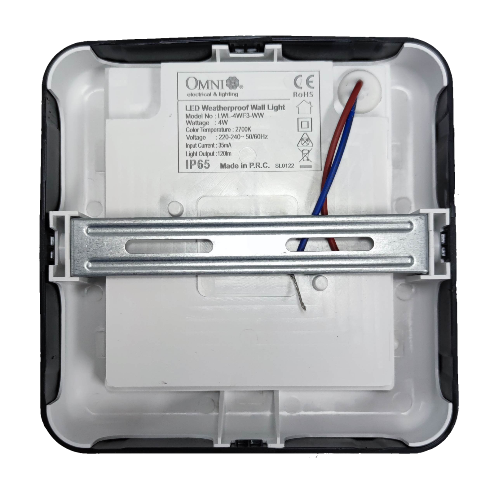 Omni weatherproof outdoor LED wall light Square 2700K with durable back panel and wiring setup