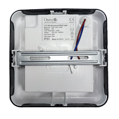 Omni weatherproof outdoor LED wall light Square 2700K with durable back panel and wiring setup