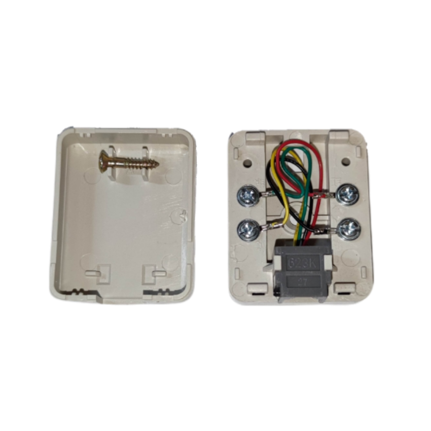 Omni WST-005 telephone outlet with wires and mounting hardware in an open box for easy installation