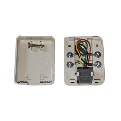 Omni WST-005 telephone outlet with wires and mounting hardware in an open box for easy installation
