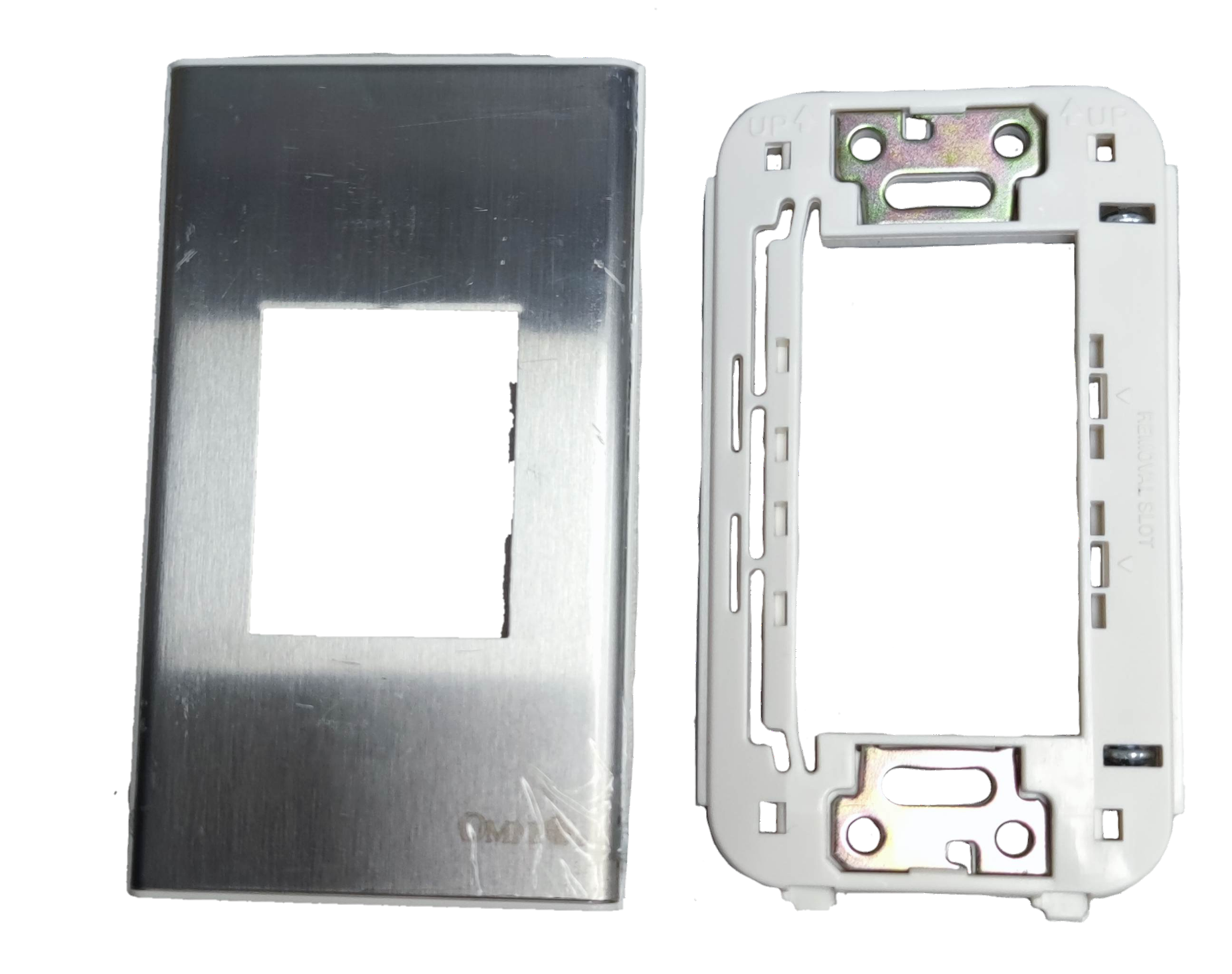 Omni WWP-111S device cover metal faceplate and white plastic mounting frame for power points and switches