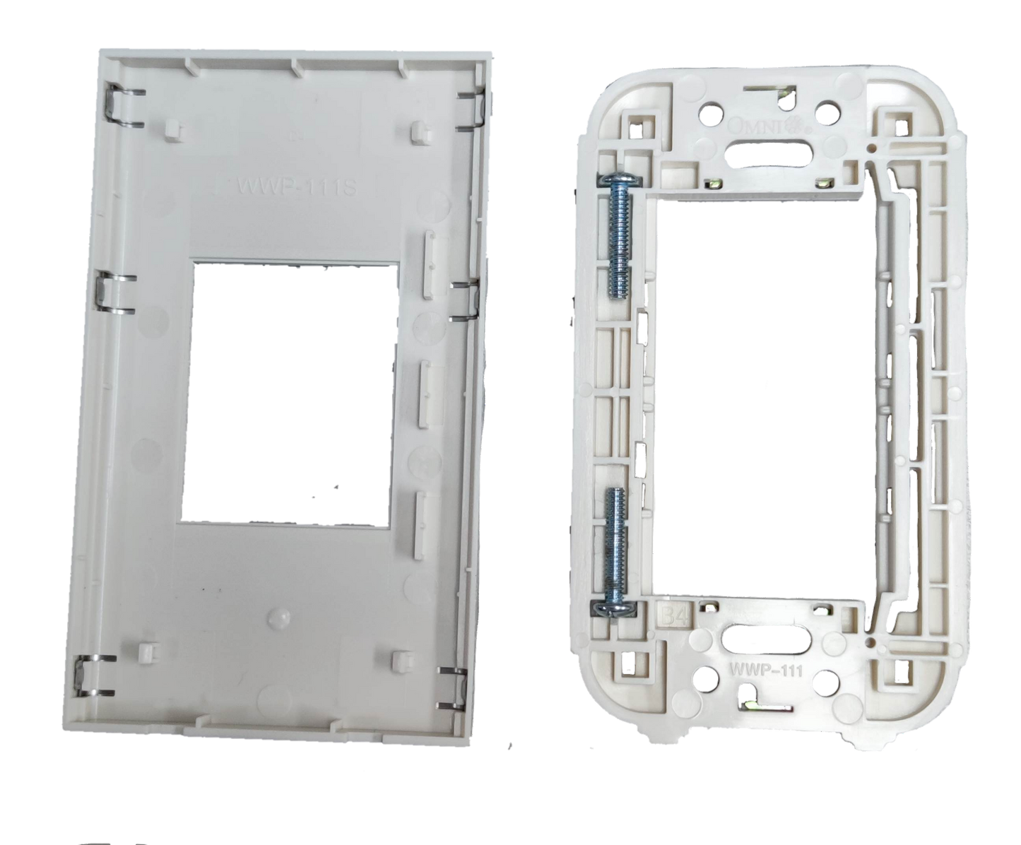 White Omni WWP-111S device cover for power points and switches showing front and back sides