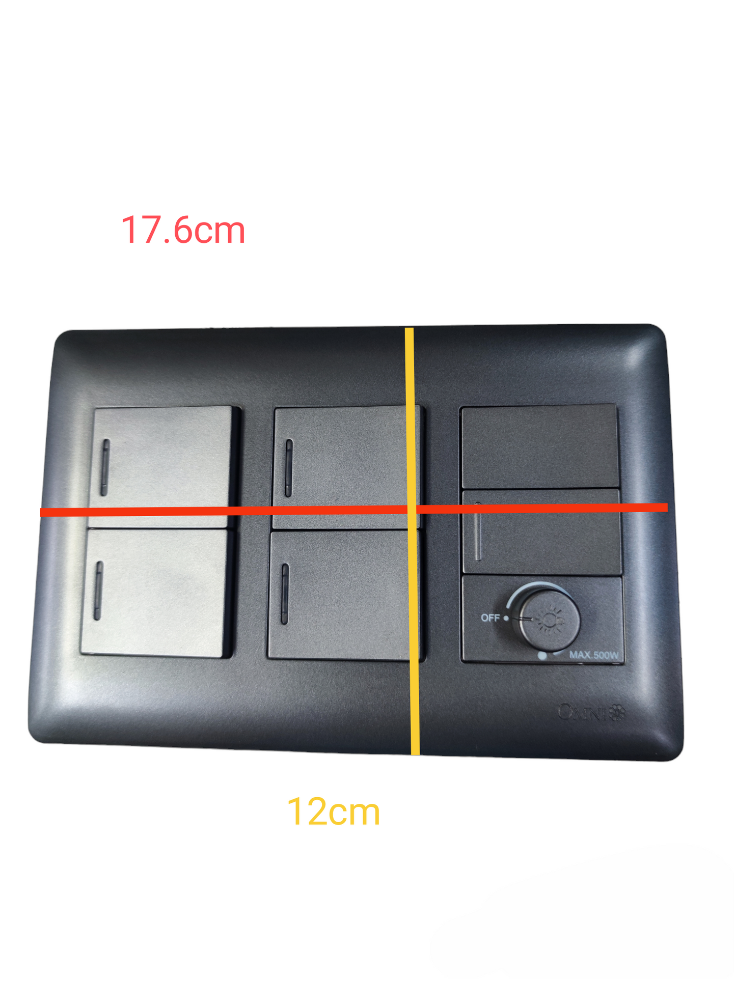 Omni 1 Way 1 Device with 500W Dimmer Switch black power points and switches panel measuring 17.6cm by 12cm