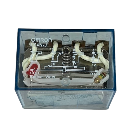 Omron LY4N-J 220V AC relay with clear casing showing internal circuitry and terminal connections