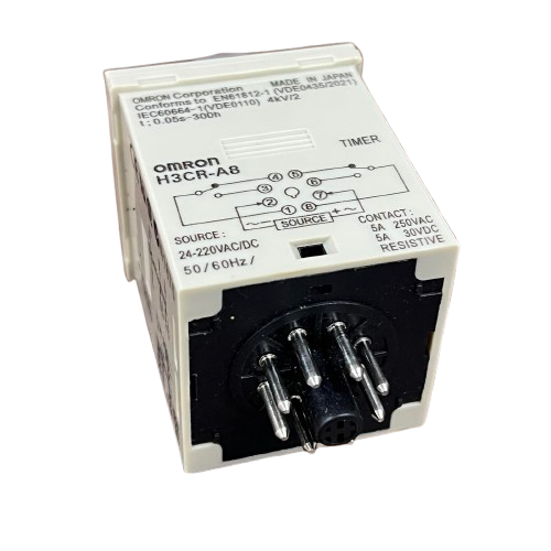 Omron H3CR-A8 multi range timer relay 8 pin with white housing and circular eight pin base for industrial control