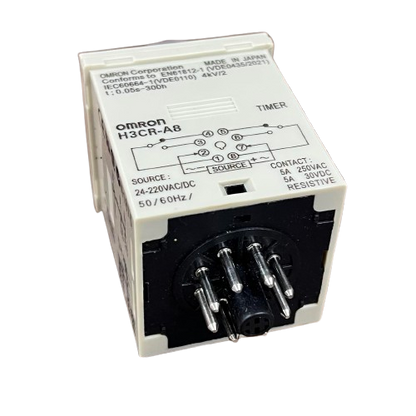 Omron H3CR-A8 multi range timer relay 8 pin with white housing and circular eight pin base for industrial control