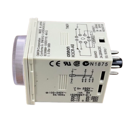 Omron multi range timer relay 8 pin white cubic timer with adjustable dial and pin connectors