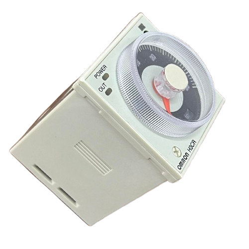 Omron multi range timer relay 8 pin compact beige unit with analog dial knob and power and output indicator LEDs