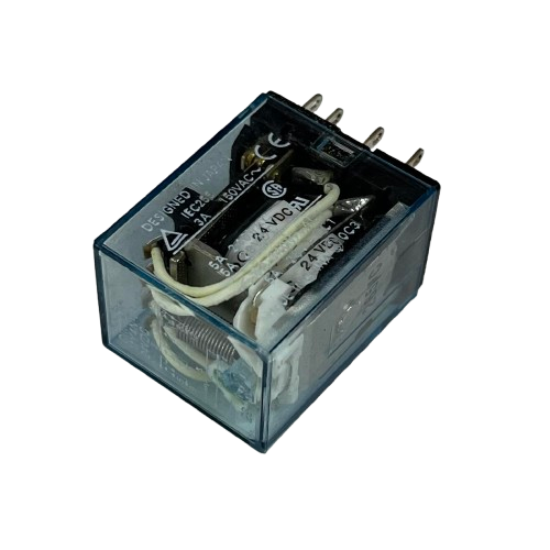 Omron MY4N-J Relay 24V DC 14 Pins electrical component with transparent casing and metal pins