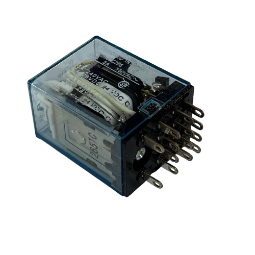 Omron MY4N-J Relay 24V DC 14 Pins electrical component with transparent plastic casing and metal pins