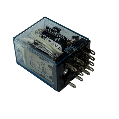Omron MY4N-J Relay 24V DC 14 Pins electrical component with transparent plastic casing and metal pins
