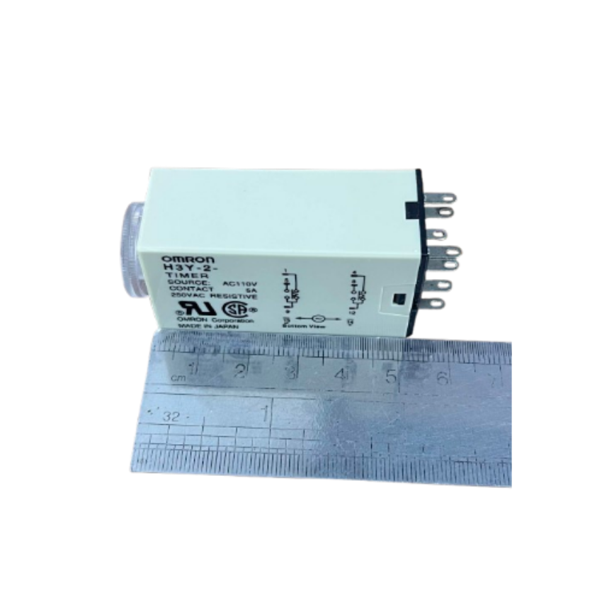 OMRON relay timer with front dial and visible pins on ruler Timer Relay 10 seconds 8 pins 110V