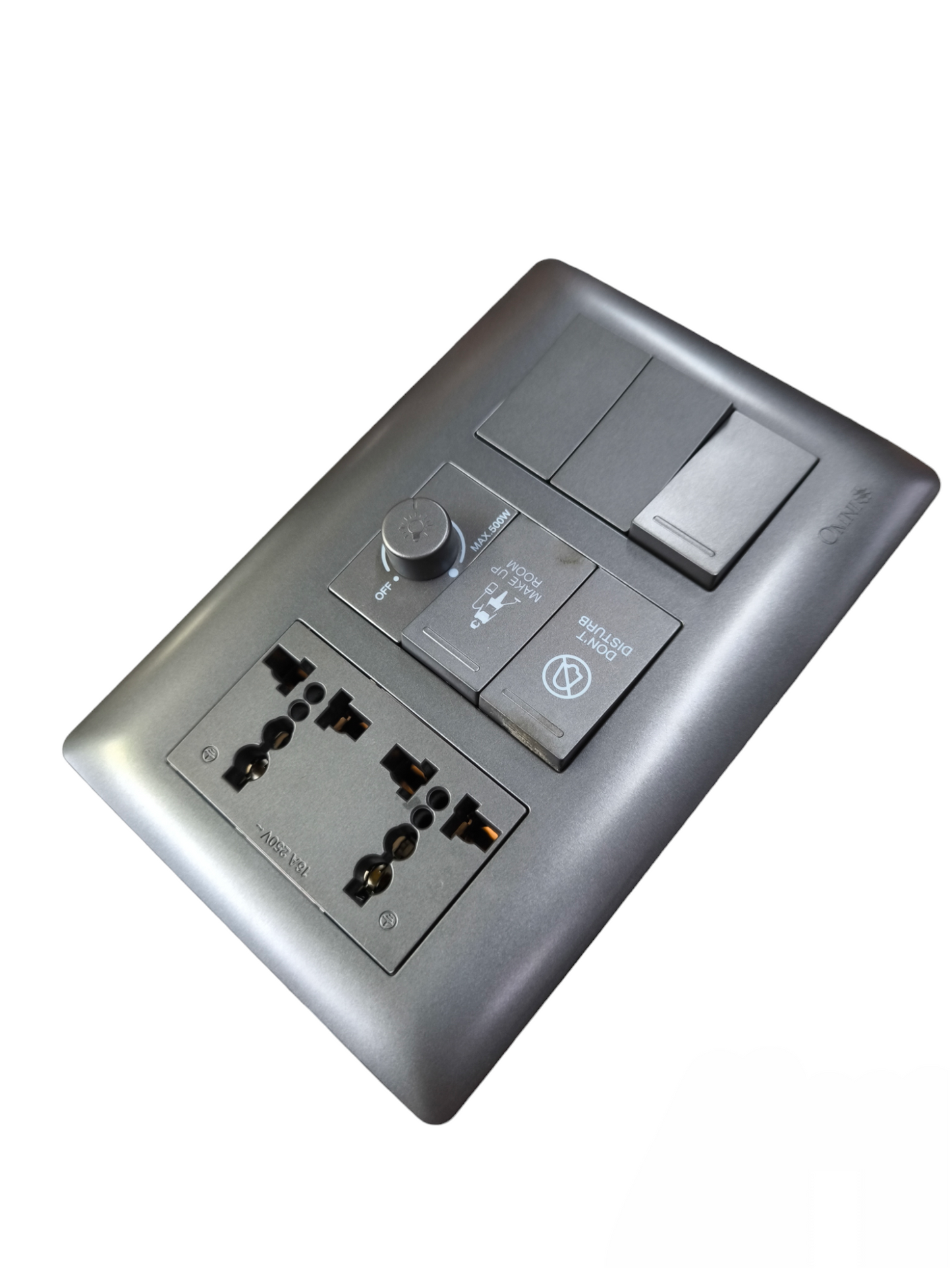 Omni Duplex Universal Outlet With Make up Room featuring universal sockets and switches in black