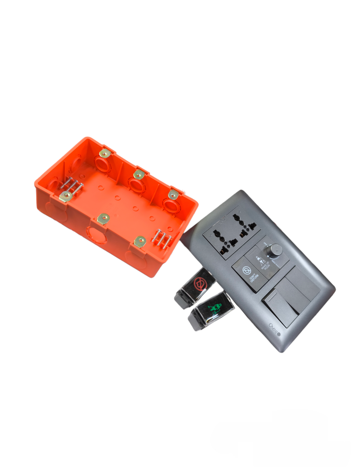 Omni Duplex Universal Outlet With Make up Room with orange installation box and black switch plate