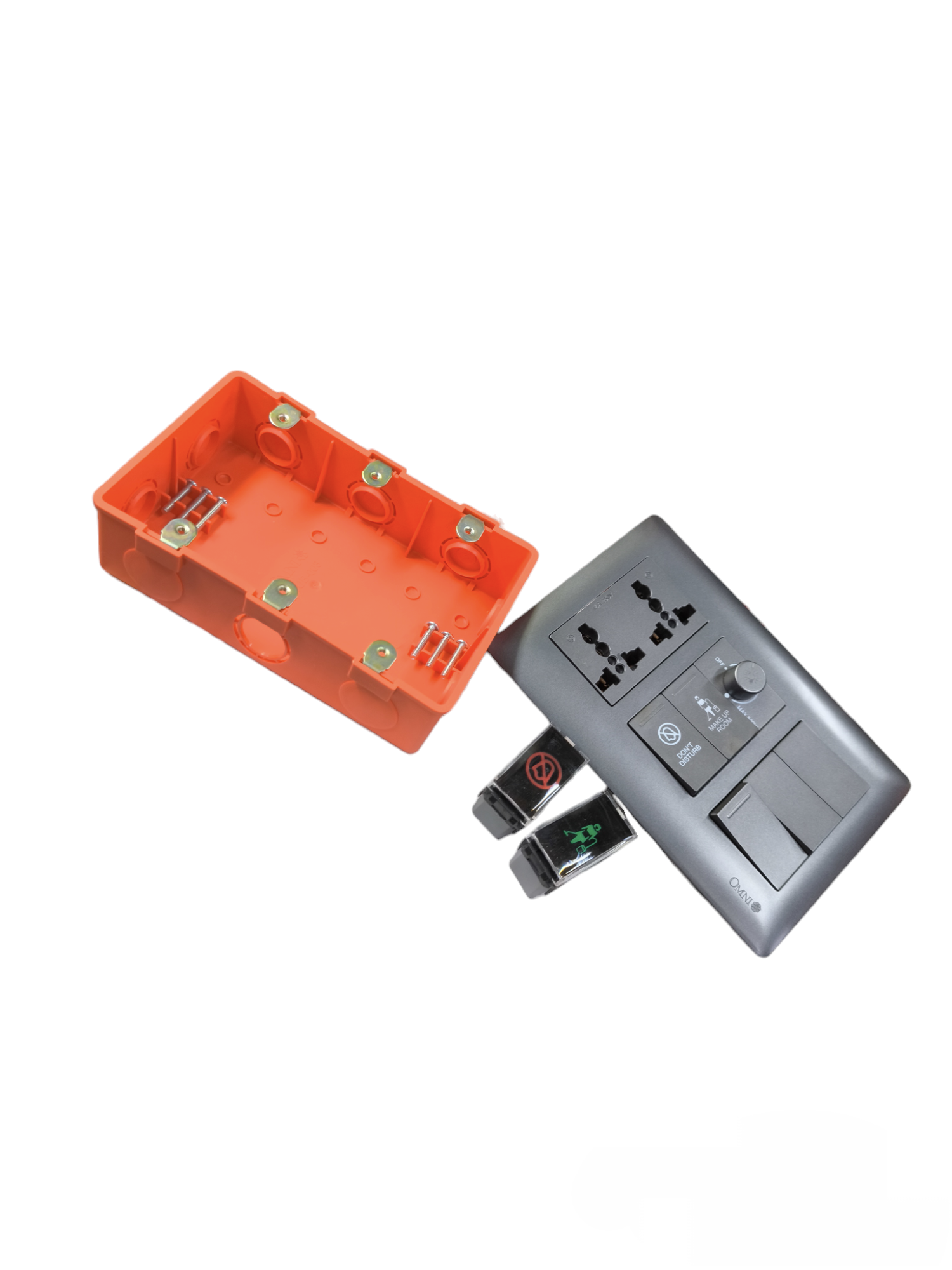 Omni Duplex Universal Outlet With Make up Room with orange installation box and black switch plate