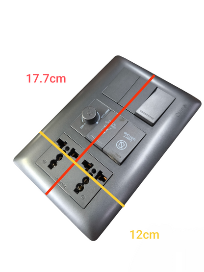 Omni Duplex Universal Outlet With Make up Room in black with multiple sockets and switches