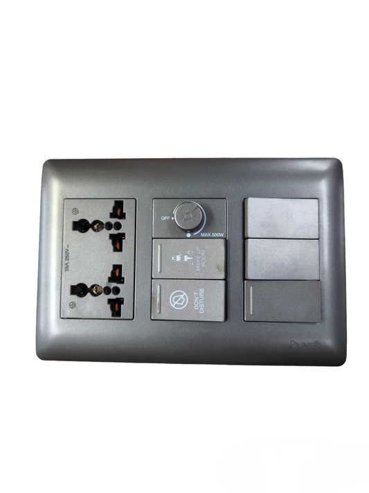 Omni Duplex Universal Outlet With Make up Room with switches and control knob in gray finish