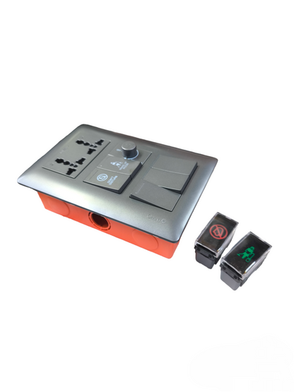 Omni Duplex Universal Outlet With Make up Room featuring multiple plug sockets and switches in a gray and orange casing