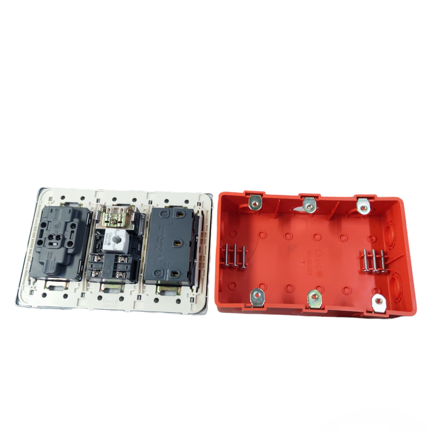 Omni combo lan telephone tv electrical outlet with red protective back cover for installation