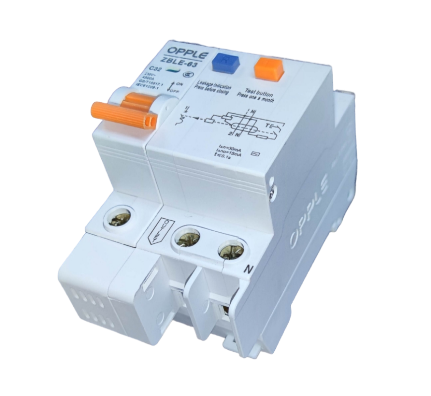 Opple 32A 4.5 KAIC 30mA 220V electrical circuit breaker with orange switch and test buttons
