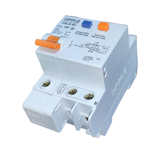 Opple 32A 4.5 KAIC 30mA 220V electrical circuit breaker with orange switch and test buttons
