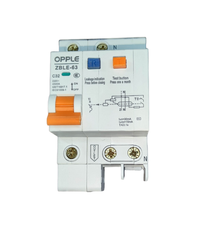 Opple 32A 4.5 KAIC 30mA 220V electrical circuit breaker with test and leakage indication buttons