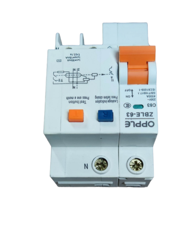 Opple 63A 4.5 KAIC 30mA 220V electrical circuit breaker with orange switch and dual terminals