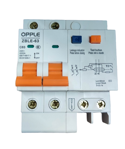 Opple 63A 4.5 KAIC 30mA RCBO electrical circuit breaker with orange switches and test button