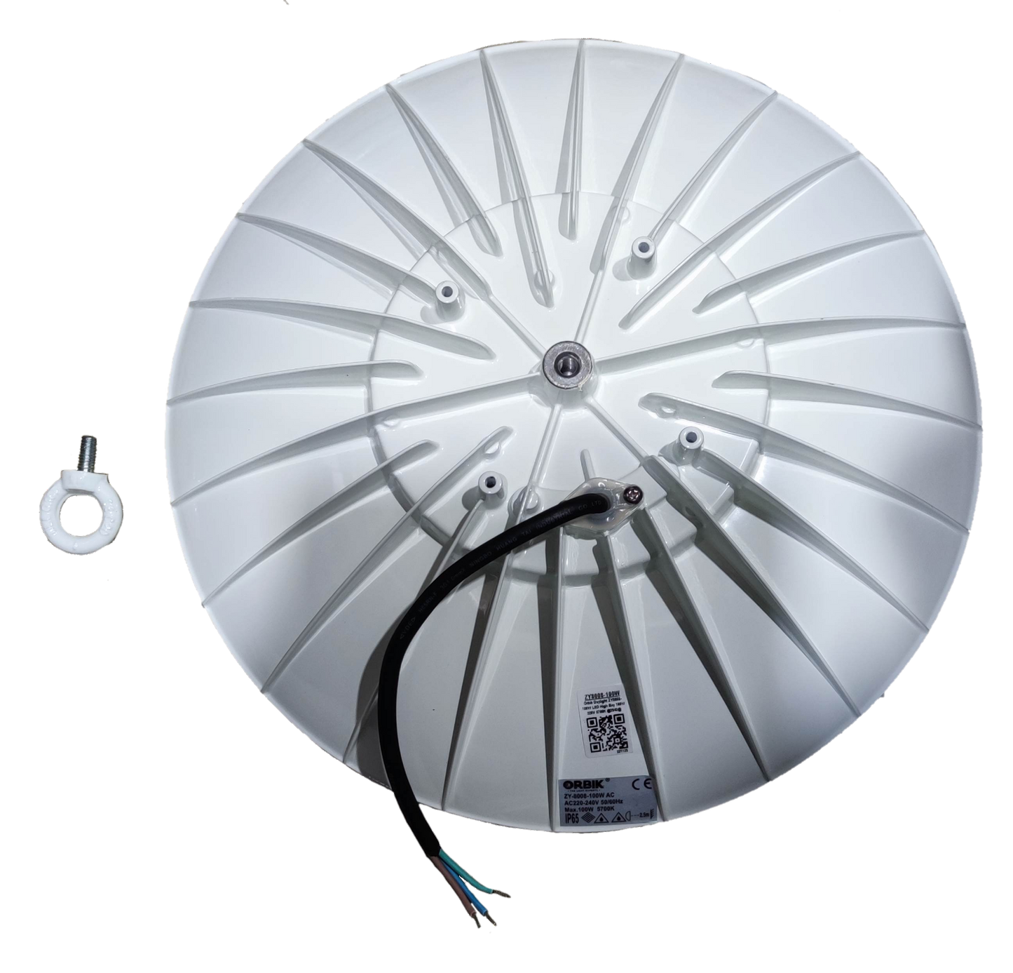 Orbik 100W LED High Bay 5700K Daylight fixture showing white back housing and wiring