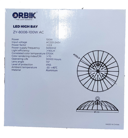 Orbik 100W LED High Bay 5700K Daylight light bulb with aluminum body and technical specifications on box