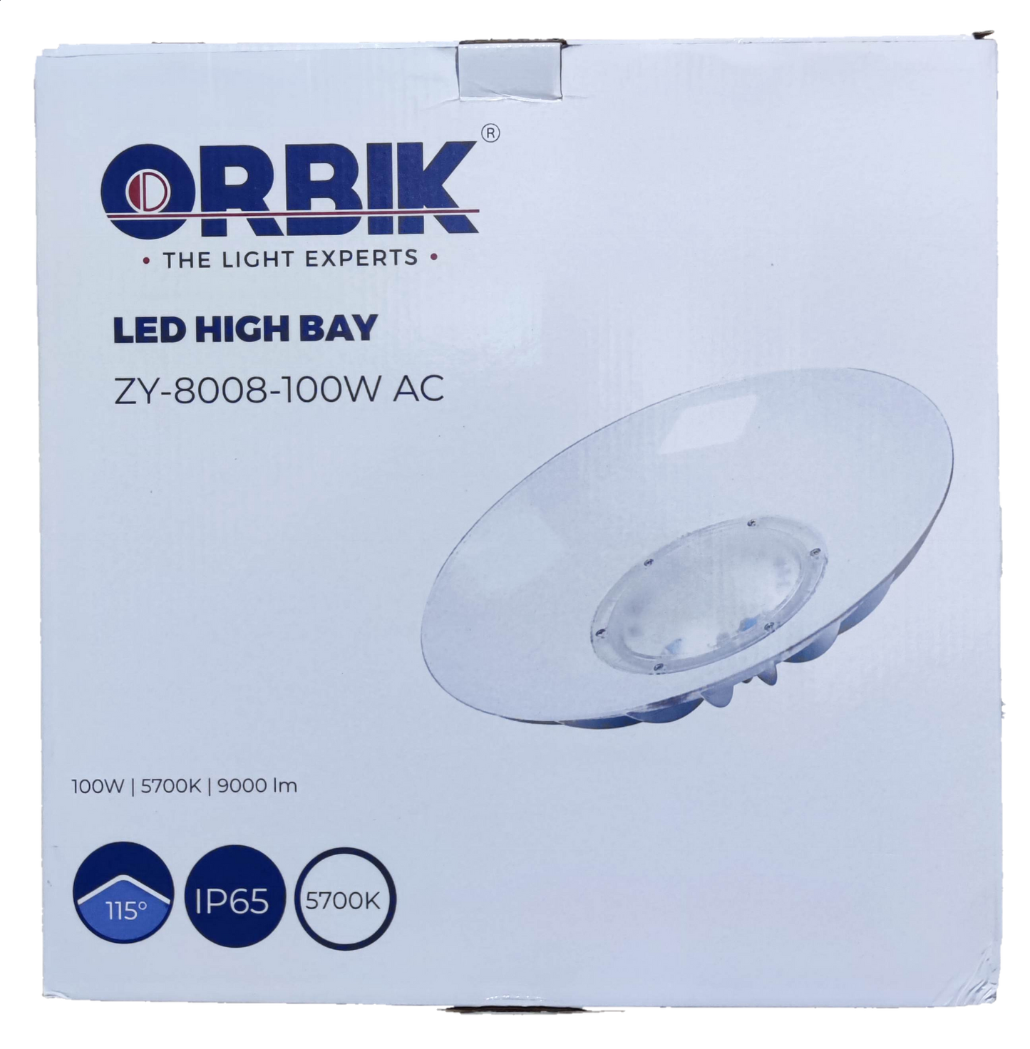 Orbik 100W LED High Bay 5700K Daylight LED bulb with 115 degree beam angle and IP65 rating