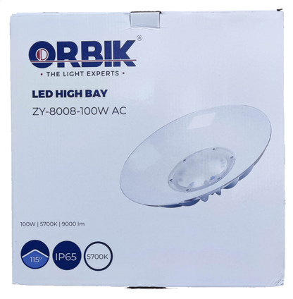 Orbik 100W LED High Bay 5700K Daylight LED bulb with 115 degree beam angle and IP65 rating