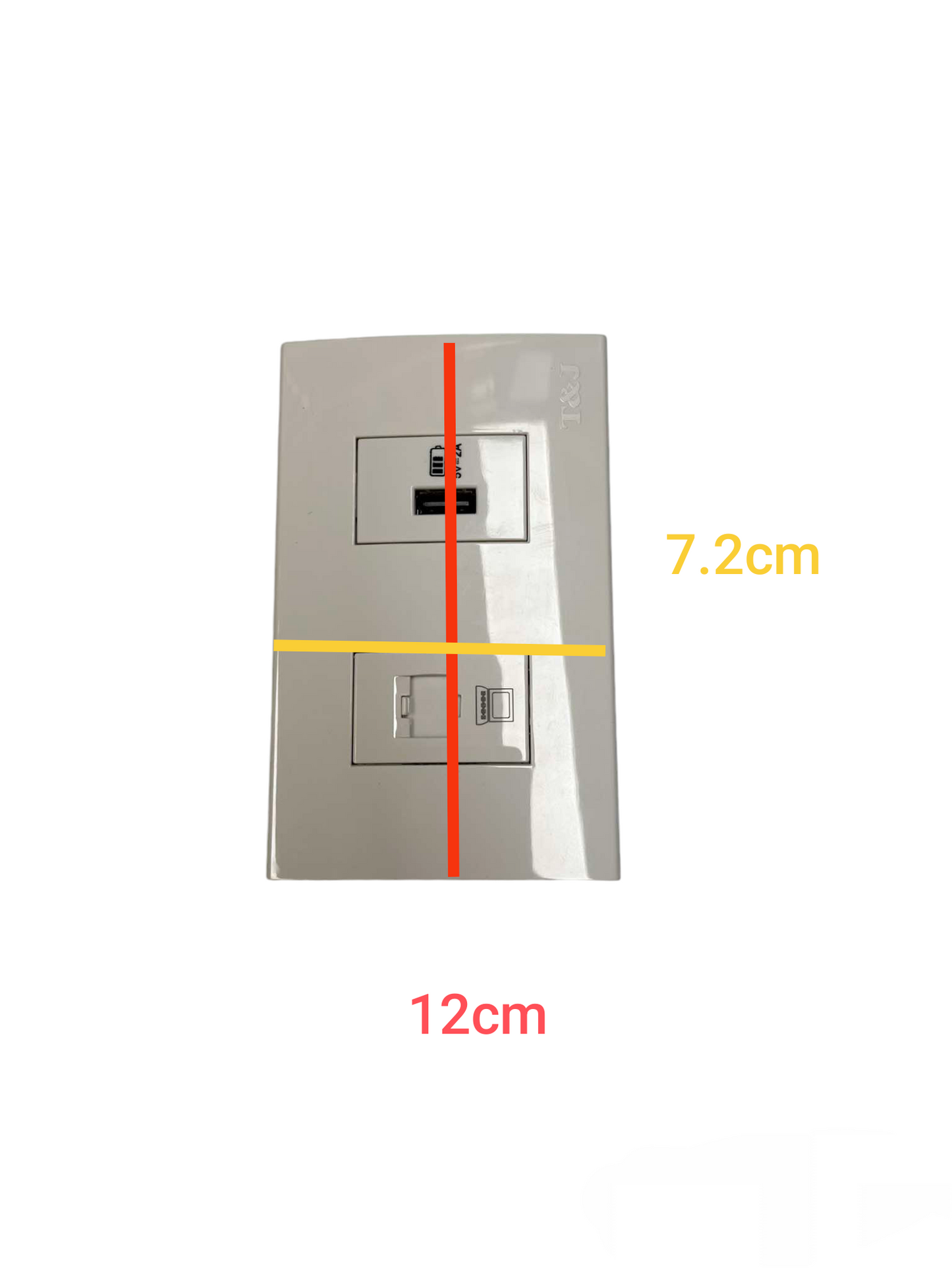 2 gang LAN outlet with USB charger T and J glossy white wall plate showing USB port and LAN jack