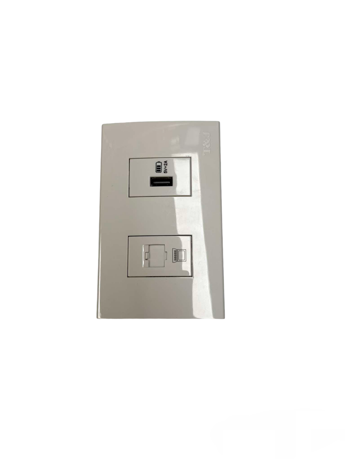 T and J white wall plate 2 gang LAN outlet with USB charger featuring single USB A port and RJ45 network socket for home or office