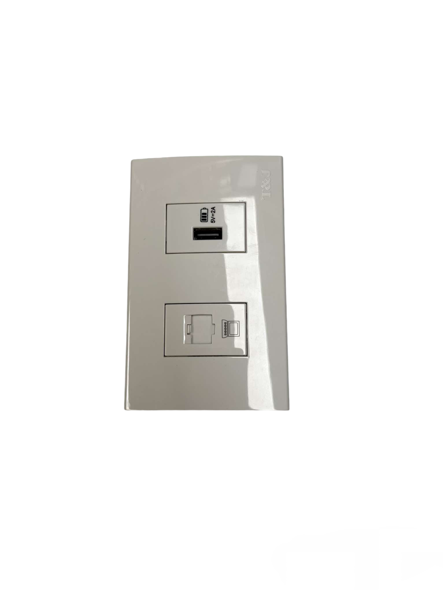 T and J white wall plate 2 gang LAN outlet with USB charger featuring single USB A port and RJ45 network socket for home or office