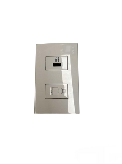 T and J white wall plate 2 gang LAN outlet with USB charger featuring single USB A port and RJ45 network socket for home or office