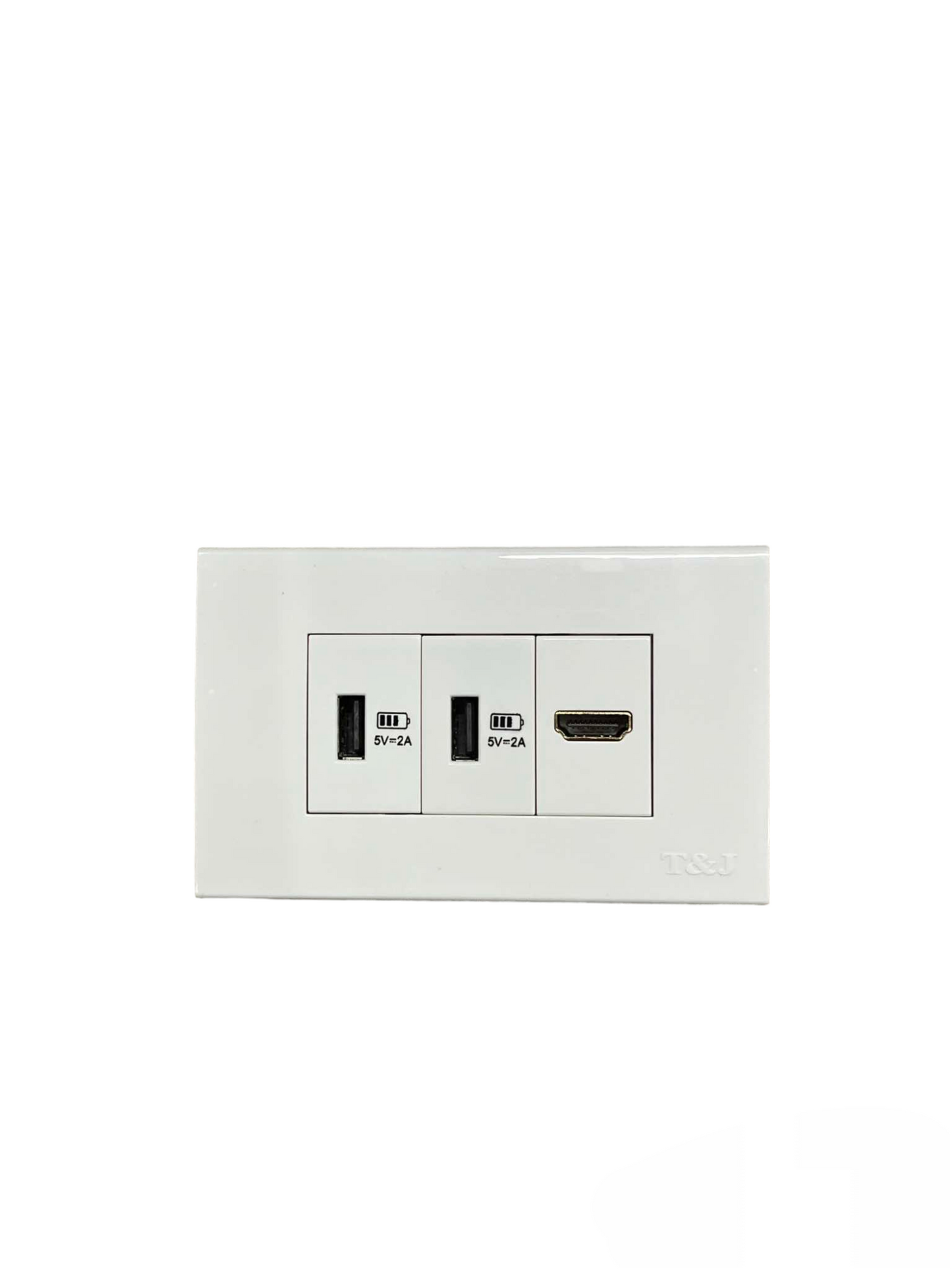T&J wall power point with 2 x USB-A Outlet and 1 HDMI Outlet in white rectangular faceplate