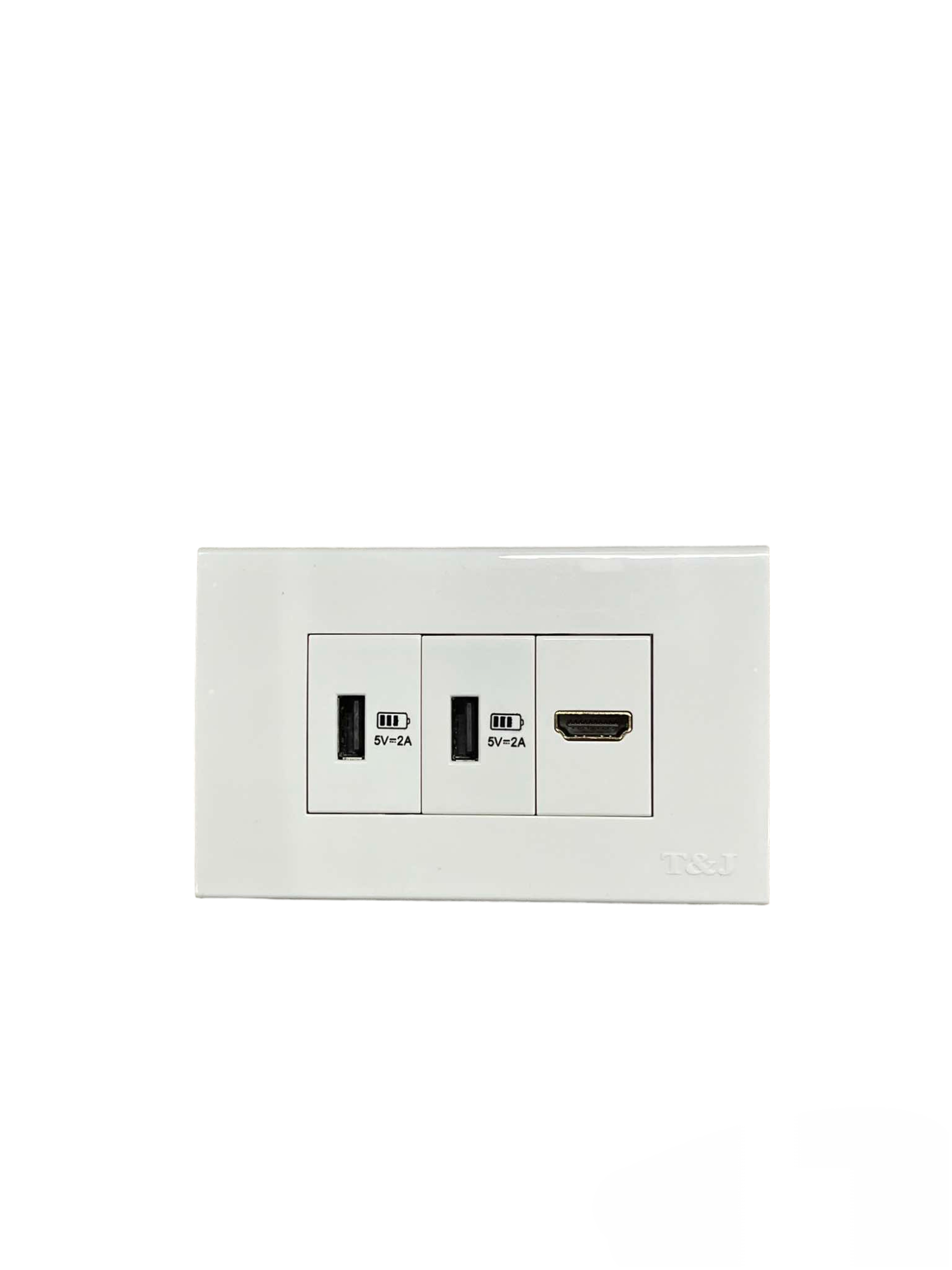 T&J wall power point with 2 x USB-A Outlet and 1 HDMI Outlet in white rectangular faceplate