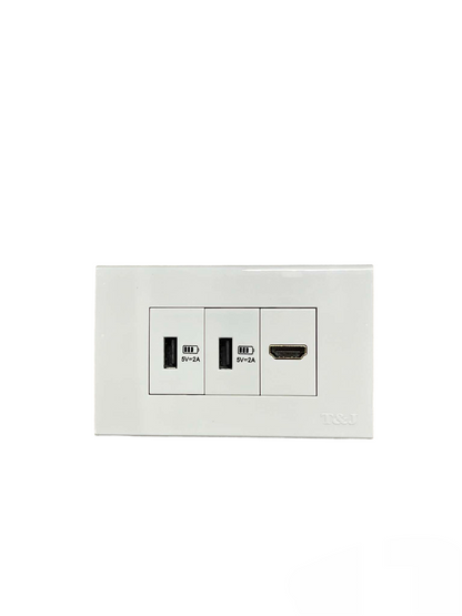 T&J wall power point with 2 x USB-A Outlet and 1 HDMI Outlet in white rectangular faceplate