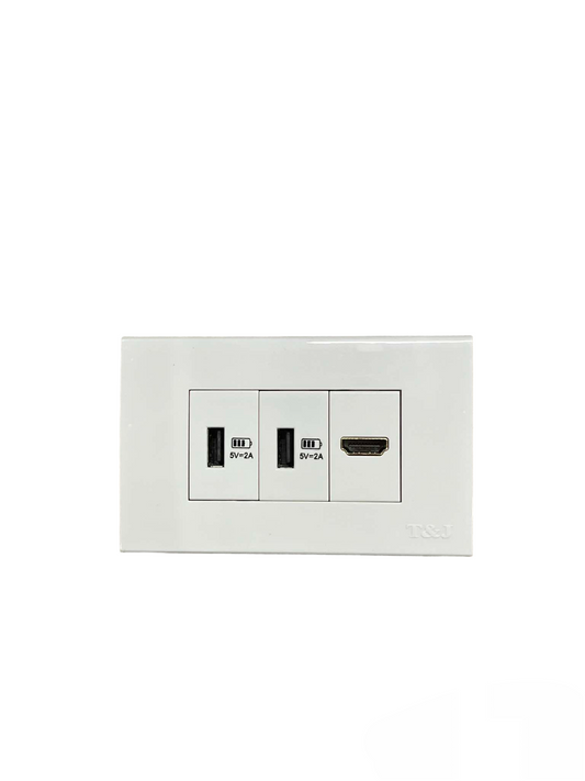 T&J wall power point with 2 x USB-A Outlet and 1 HDMI Outlet in white rectangular faceplate