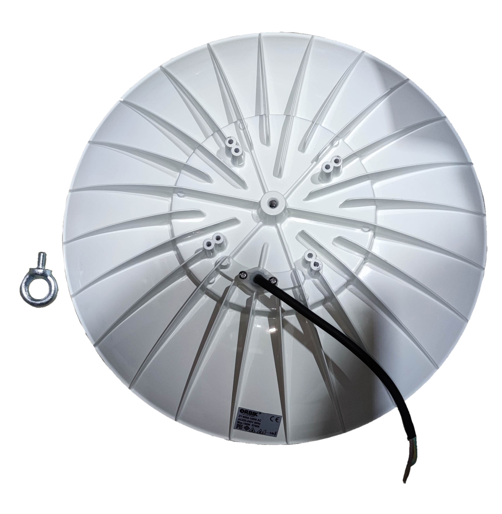 Underside view of an Orbik 200W LED high bay light 5700K Daylight 220V with sleek white design
