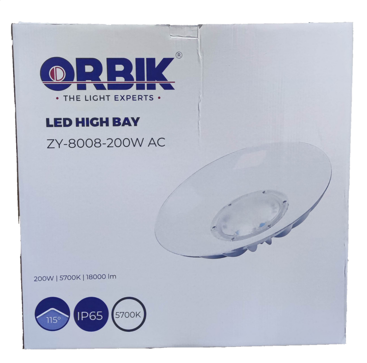 Orbik LED high bay light box featuring 200W LED high bay light 5700K Daylight 220V with IP65 rating