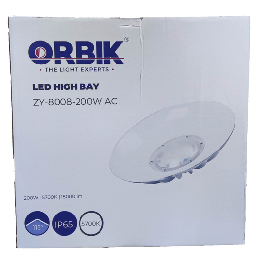Orbik LED high bay light box featuring 200W LED high bay light 5700K Daylight 220V with IP65 rating
