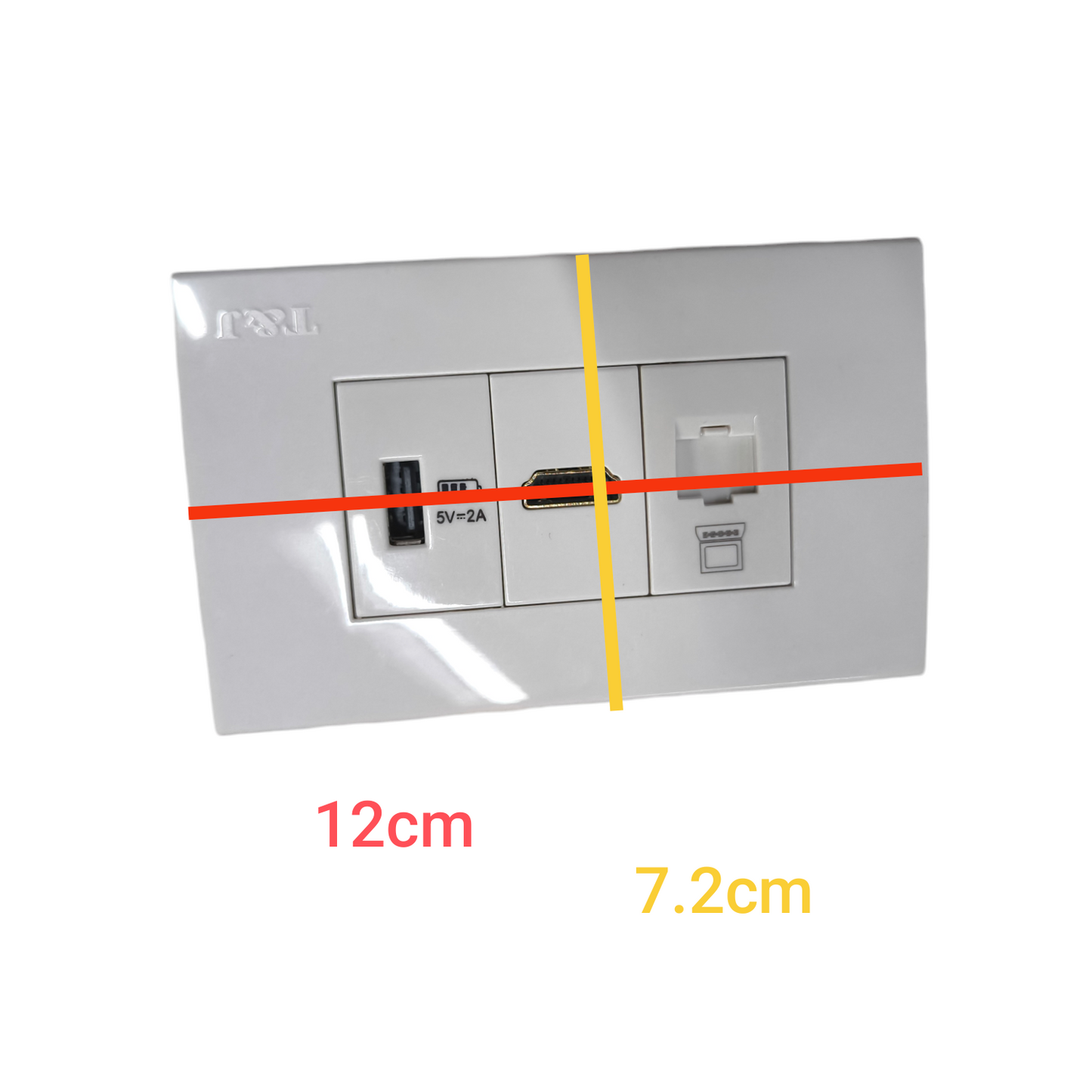 T&J 3 Gang Multi Purpose Outlet with USB port and switch in white rectangular design