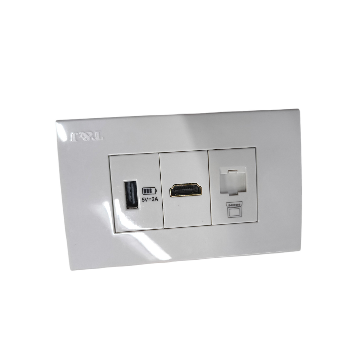 T&J 3 Gang Multi Purpose Outlet with USB, HDMI, and Ethernet ports in white