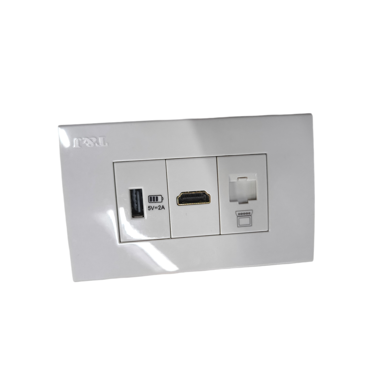 T&J 3 Gang Multi Purpose Outlet with USB, HDMI, and Ethernet ports in white