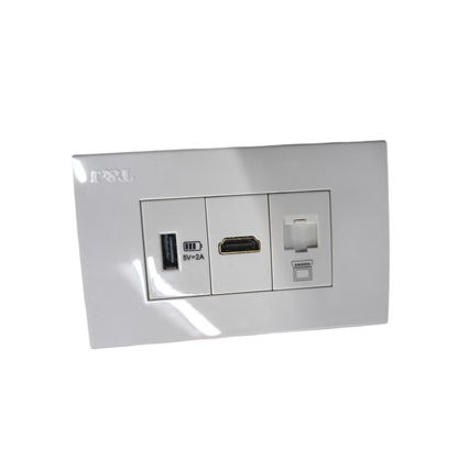 T&J 3 Gang Multi Purpose Outlet with USB, HDMI, and Ethernet ports in white