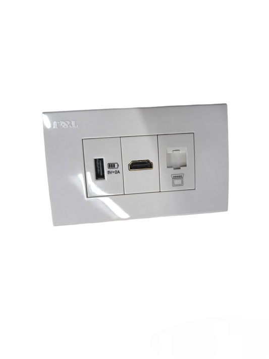 T&J 3 Gang Multi Purpose Outlet with USB, HDMI, and Ethernet ports in white